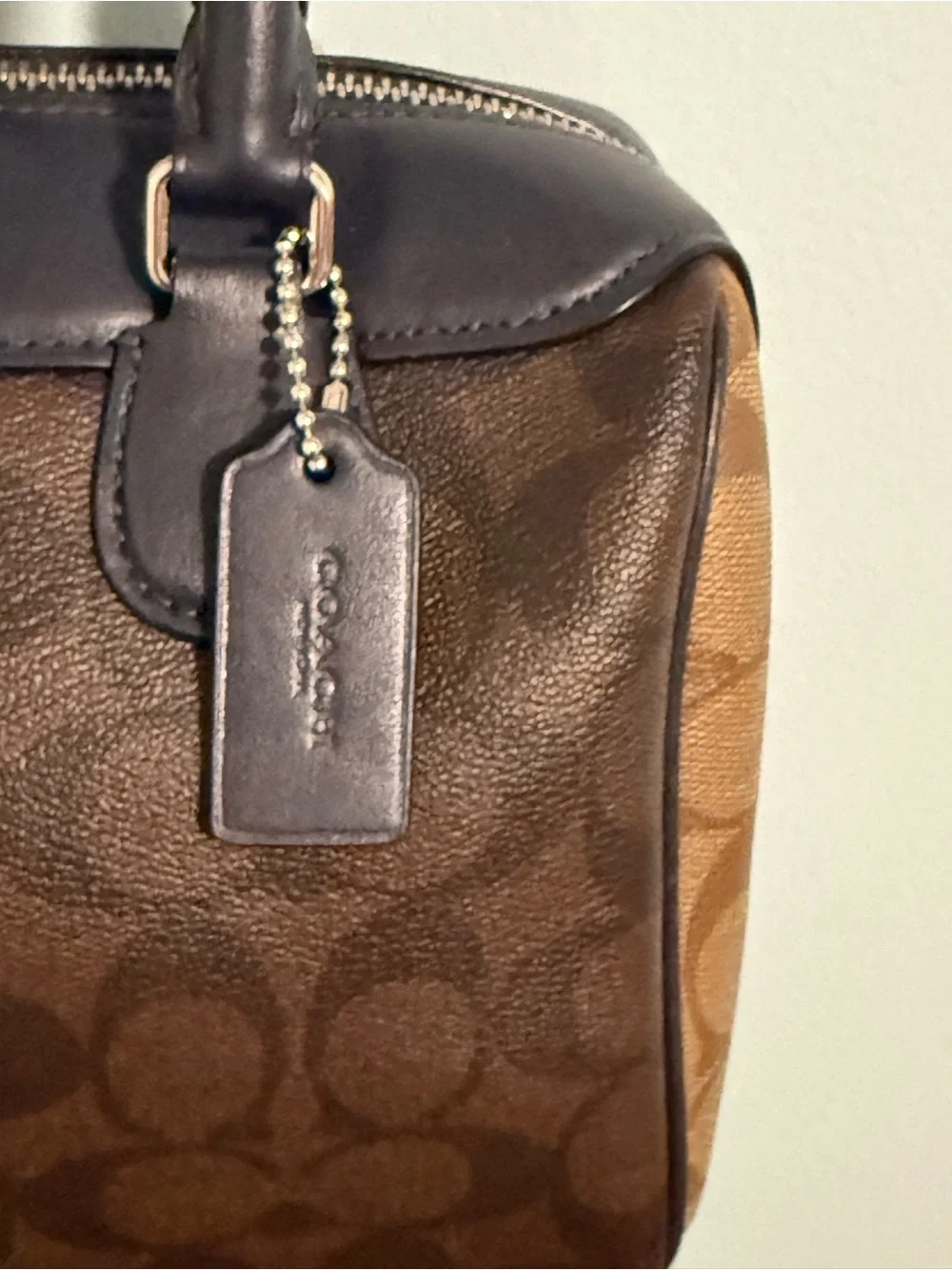 COACH Signature Canvas Satchel in two shades of brown and Navy Leather Trim! 🤩